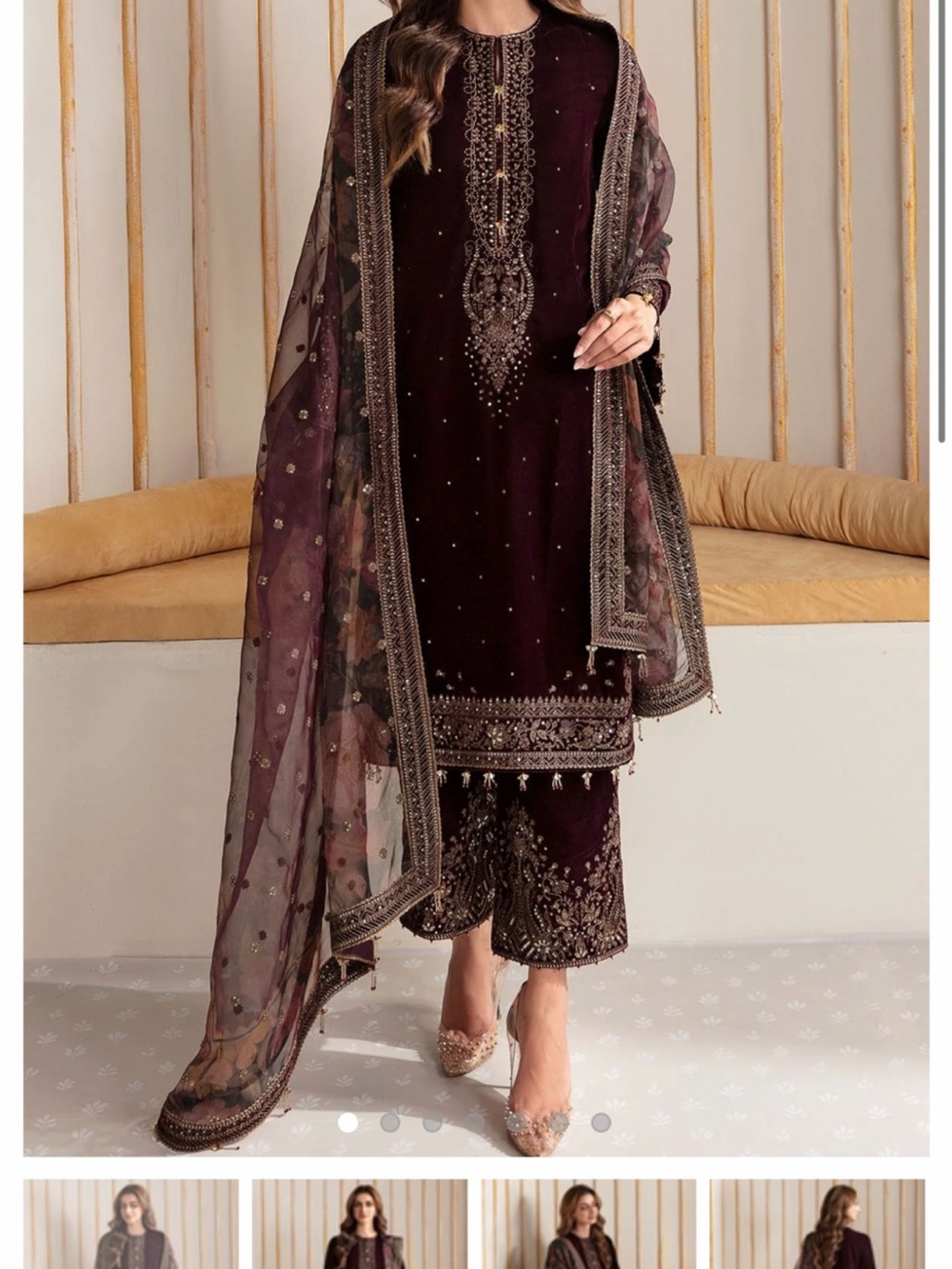 Embroidered Velvet Capris Set in Deep Plum